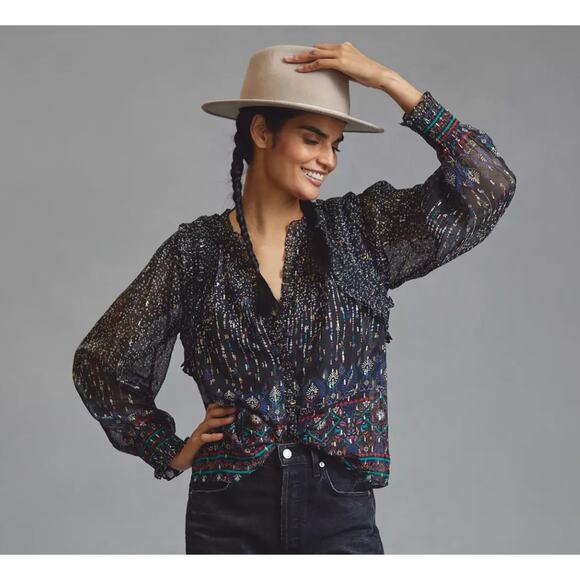 Anthropologie Forever That Girl Metallic Sheer Blouse - Picture 1 of 7